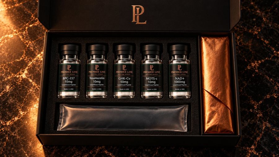 Premier Line Peptides box with five vials and a cold pack