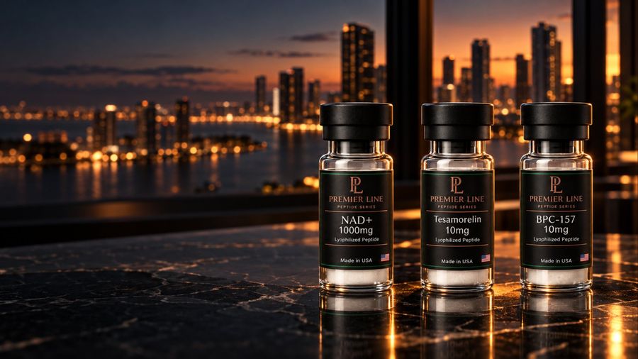 Premier Line Peptides vials: NAD+ 1000mg, Tesamorelin 10mg and BPC-157 10mg