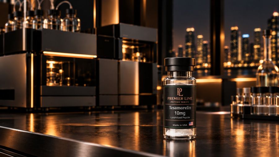 Premier Line Peptides Tesamorelin vial on a laboratory bench