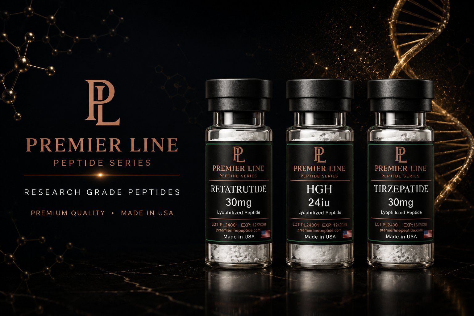 Premier Line Peptides — Retatrutide, HGH and Tirzepatide research vials. Research-grade peptides, premium quality, made in USA.